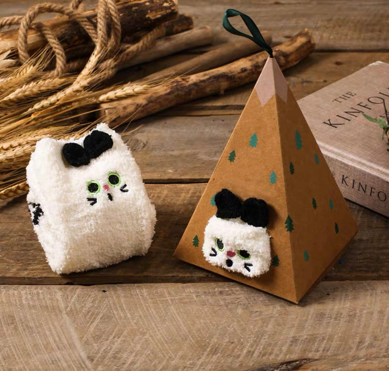 White Kitty Cat with paws Socks in a Box